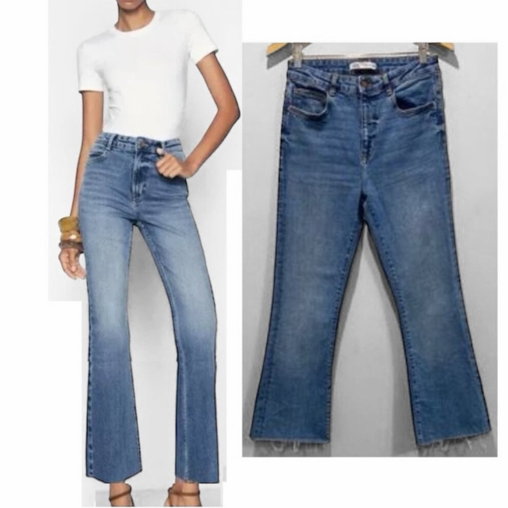 Zara Flare Jeans Blue Raw Hem High Rise Size 8